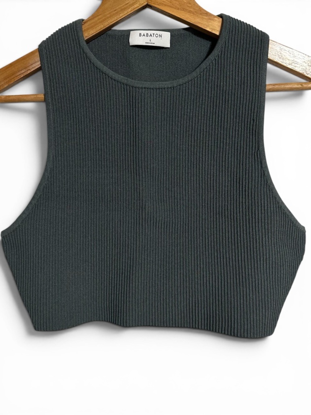 Babaton Moss Green Sculpt Knit Ribbed Racer Back Cropped Tank Top Size Large